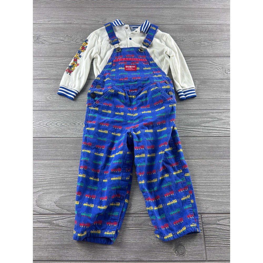 Vintage OshKosh Bgosh Train Corduroy Overalls and Shirt Set Blue Toddler Boys